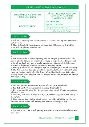 Đề thi học sinh giỏi môn Hóa học 9 tỉnh Lâm Đồng năm 2019 - Đỗ Kiên